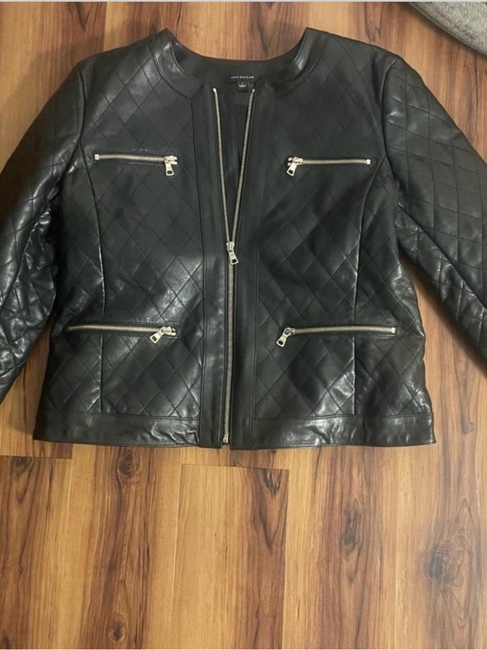 Ann Taylor Factory Black Quilted Leather Zip Jacket
